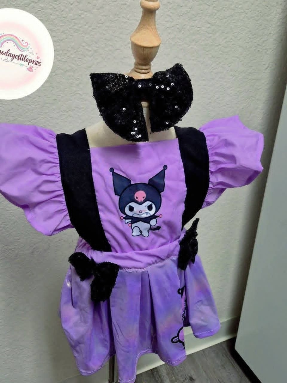 Kuromi-Inspired Purple Puff Sleeve Kids Dress with Black Sequin Bow
